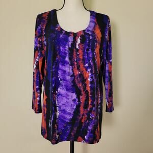EUC TanJay L Top Scoop Neck 3/4 Sleeve Gathers At Neck Purple Tie Dye Jersey